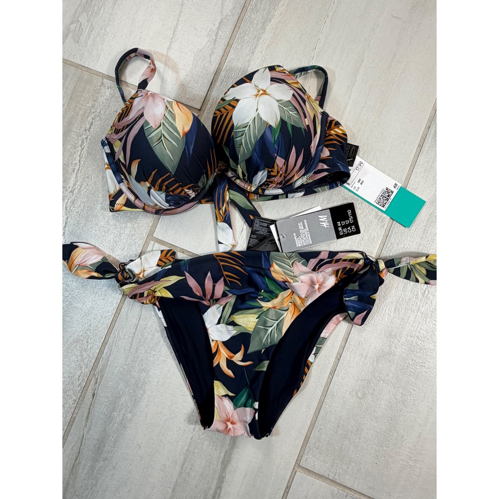 HM Tropical Floral Push Up Bikini Set Navy Blue 38C Top Size 12 Bottoms NWT